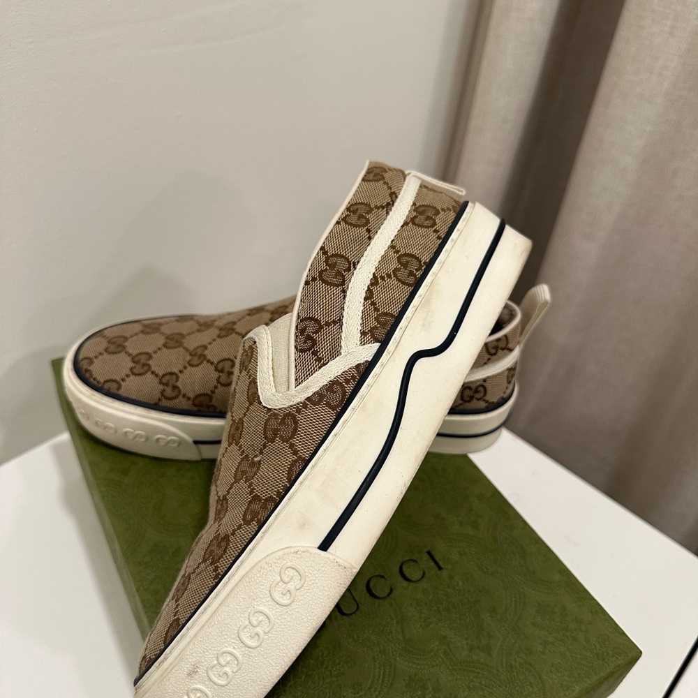 Gucci Tan Monogram Slip-On Shoes
